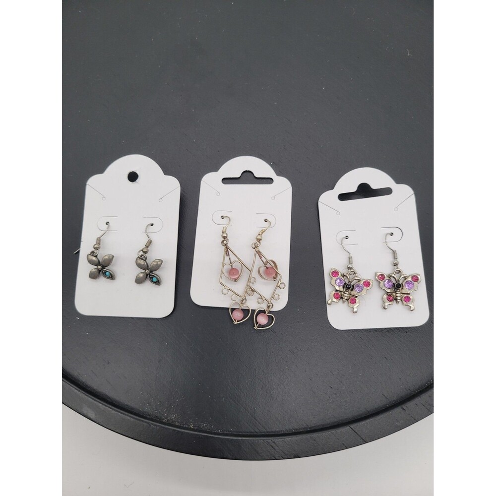 Lot Of 3 Pairs Pink Silverstone Dangle Earrings Flower Turquoise Butterfly